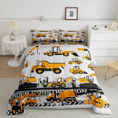 Feelyou Under Construction Comforter Set Vehicles Truck Car Bedding Set for Kids Boys Girls Children Cartoon Excavator Comforter Room Decor Machinery Bulldozer Crane Duvet Set Queen Size