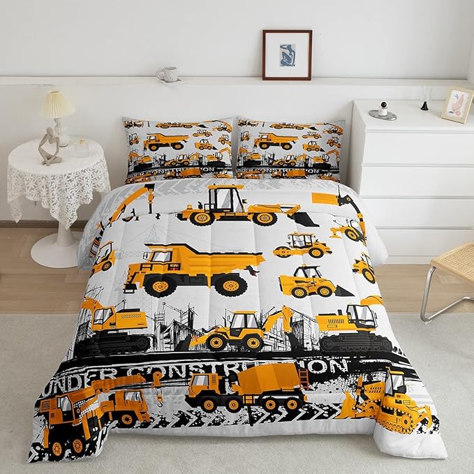 Feelyou Under Construction Comforter Set Vehicles Truck Car Bedding Set for Kids Boys Girls Cartoon Excavator Comforter Room Decor Machinery Bulldozer Crane Duvet Set King Size Boys