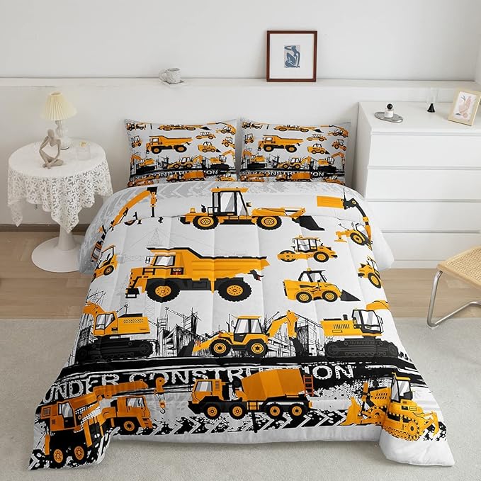 Feelyou Under Construction Comforter Set Vehicles Truck Car Bedding Set for Kids Boys Girls Children Cartoon Excavator Comforter Room Decor Machinery Bulldozer Crane Duvet Set Twin Size