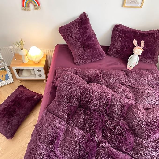 Faux Fur Kids Girls Grape Purple Comforter Sets Twin/Full - 3PC Bed Set Warm Comfortable Soft Plush Flannel Velvet Fluffy Fuzzy Bedding（Comforter x 1 Pillowcases x 2）