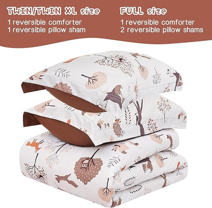 Kids Woodland Comforter Set for Boys Girls Twin Size, Cute Reversible Quilted Forest Animal Print Fall Bedding with Pillow Sham, Lightweight Soft Breathable Machine Camping Themed Bed Set 2 Piece