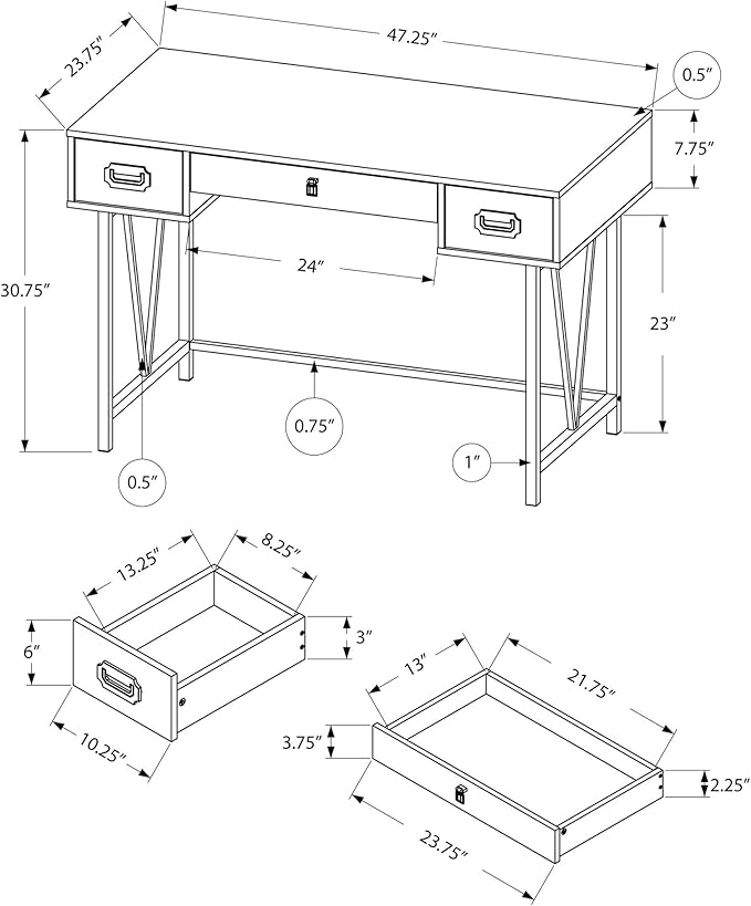 Monarch Specialties Laptop Table with Drawers-Industrial Style-Metal Legs Computer Desk Home & Office, 48" L, Grey Reclaimed Wood Look