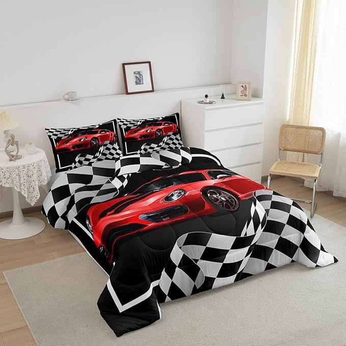 Boys Race Car Comforter Set Full Size,Black White Checkered Geometric Bedding Set 3pcs for Kids Teens Boys Men,Extreme Sport Games Race Flag Quilt Set,Cartoon Fashion Duvet Insert,2 Pillowcases