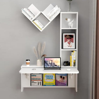 Folding Wall Mounted Drop Leaf Table, Foldable Desk with Moveable Cabinets, Floating Laptop with Convertible Storage Shelves, Multifunctional Computer Workstation in Home for Space Saving