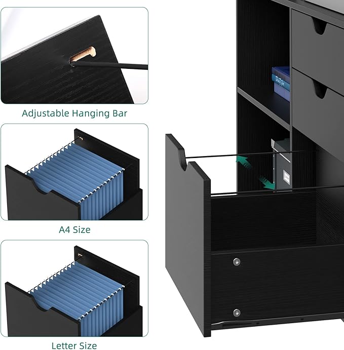 YITAHOME Wood File Cabinet, 3 Drawer Mobile Lateral Filing Cabinet, Storage Cabinet for A4, Letter Size Files, Printer Stand with Shelves for Home Office, Black