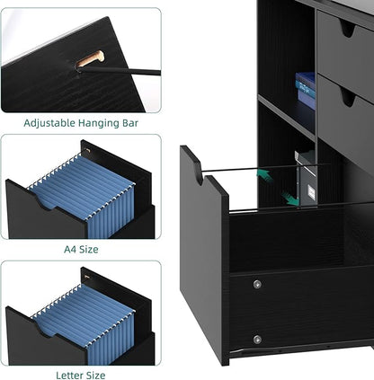 YITAHOME Wood File Cabinet, 3 Drawer Mobile Lateral Filing Cabinet, Storage Cabinet for A4, Letter Size Files, Printer Stand with Shelves for Home Office, Black