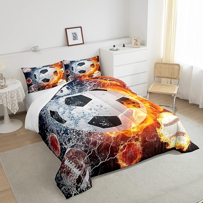 Erosebridal Boys Soccer Bedding Set Football Sports Queen Comforter Set for Kids Teens Youth Bedroom Decor Lightning Baseball Quilt Duvet Water Fire Basketball Comforter with 2 Pillow Cases Red Blue