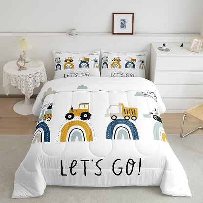 Feelyou Boys Cartoon Car Comforter Set, Kids Construction Vehicles Comforter for Kids Children Cartoon Rainbow Truck Bedding Set Cute Cars Soft Quilt Set Bedroom Collection 2Pcs Twin Size