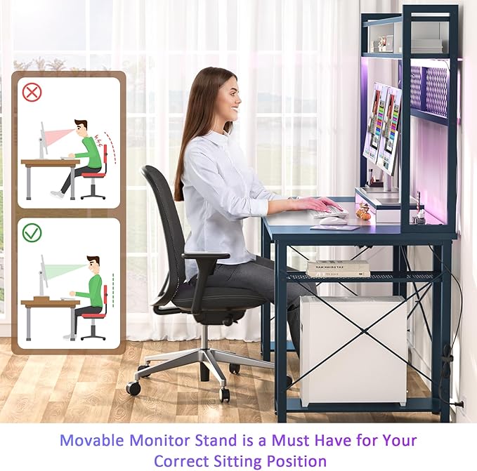 armocity 2024 Upgrade Gaming Desk with Hutch, 55.2'' Magic Computer Desk with LED Lights and Outlets, Reversible Workstation Desk with Pegboard and Monitor Stand, Gamer Desk PC Table, White and Blue