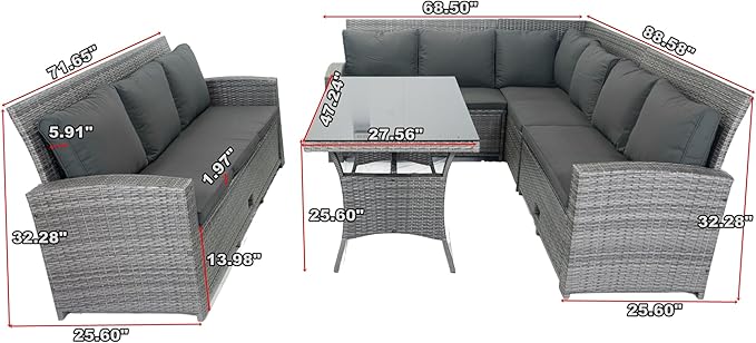 5 Pieces Outdoor Rattan Patio Furniture Sectional, Seater Conversation Set with 3 Storage Under Seat Wicker + Dark Cushion for Backyard, Deck, Poolside, Zl-Grey