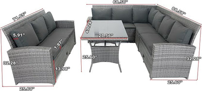 5 Pieces Outdoor Rattan Patio Furniture Sectional, Seater Conversation Set with 3 Storage Under Seat Wicker + Dark Cushion for Backyard, Deck, Poolside, Zl-Grey