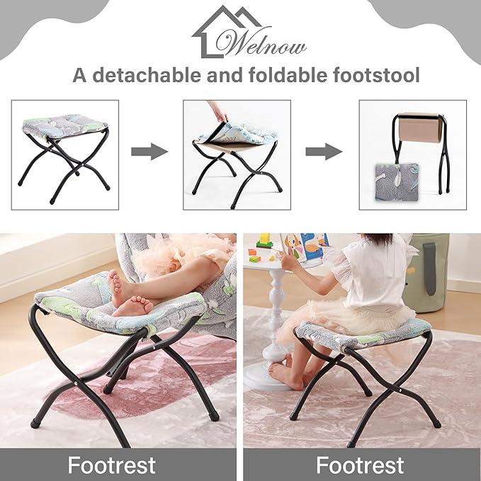 Welnow Toddler Kids Lazy Chair with Ottoman, Glow in The Dark Accent Comfy Lounge Children Armchair Couch with Removable Cover, Detachable Reading Chair with Footrest for Boy or Girl, Grey Dinosaur