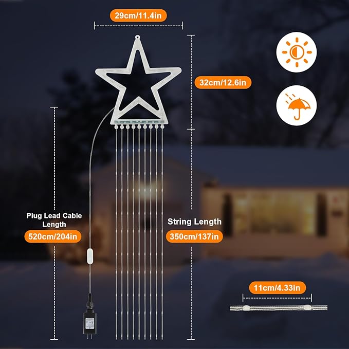 PUHONG Christmas Decoration Star Flowing Multicolor Color Changing Lights Outdoor, 320 LED 16.4Ft Star Waterfall Tree Lights with 8 Lighting Modes Remote Timer, for Xmas New Year Holiday Birthday