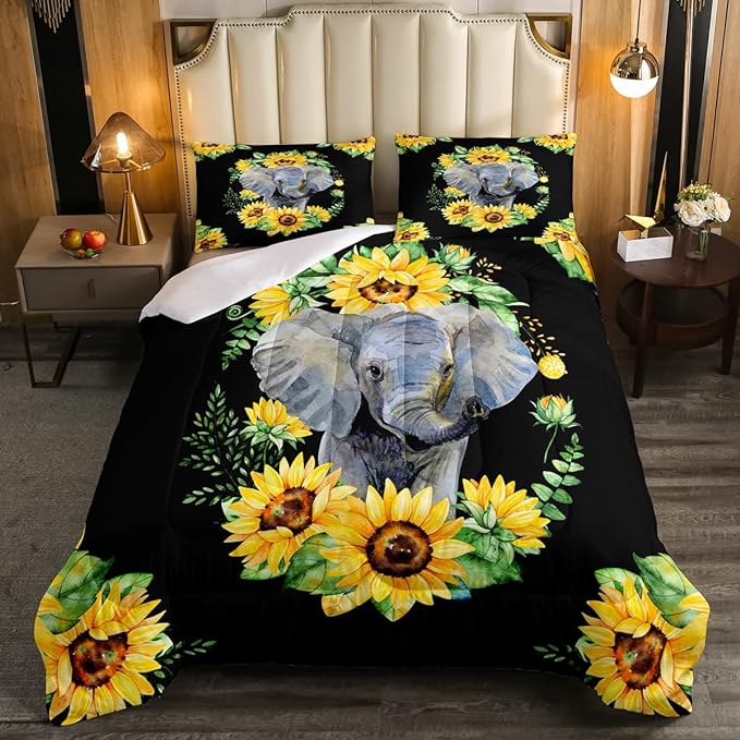 Elephant Comforter Set, Yellow Sunflower Down Comforter King Size for Kids Girls Teens Adult Bedroom Decor, African Safari Animal Duvet Sets Floral Petal Country Bedding Set with 2 Pillow Cases