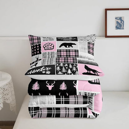 Rustic Farmhouse Comforter Set Full Size,Deer Bear Wolf Hunting Animals Bedding Set for Kids Boys Girls Adults Room Decor,Pine Trees Patchwork Down Comforter,Pink Xmas Duvet Insert,2 Pillowcases