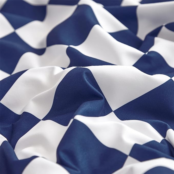 Royal Blue White Grid Comforter Set King Royal Blue Plaid Bedding Set Women Royal Blue and White Checkered Bed Comforter Set Breathable Blanket Set Men Durable Bedding Comforter Set
