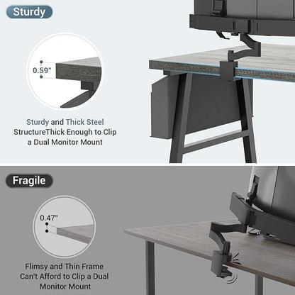 armocity Computer Desk with LED Lights, Reversible Desk with Power Outlet, 55'' Desk with Storage Shelves, Gaming Desk with Moveable Monitor Stand and Storage Bag for Home Office Workstation, Grey