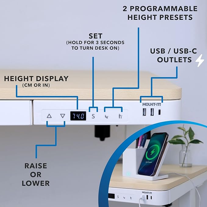 Mount-It! 47.2" Wide x 28.3" Deep Electric Height Adjustable Desk, Ergonomic Standing Workspace, Height Adjustment up to 46.5" Tall, Large Desktop, USB Ports, Drawer, Home Office, White, Maple Top