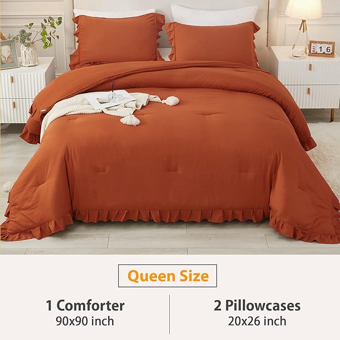 Andency Terracotta Ruffle Comforter Full(79x90Inch), 3 Pieces(1 Ruffled Comforter and 2 Pillowcases) Solid Farmhouse Shabby Chic Comforter, Vintage Rustic Soft Microfiber Bedding Set