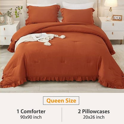 Andency Terracotta Ruffle Comforter Full(79x90Inch), 3 Pieces(1 Ruffled Comforter and 2 Pillowcases) Solid Farmhouse Shabby Chic Comforter, Vintage Rustic Soft Microfiber Bedding Set