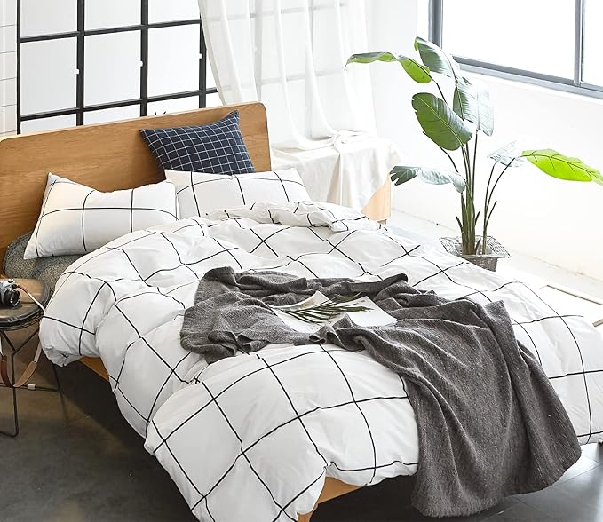 White Grid Comforter Set Big Grid Bedding Set Twin Cotton White with Black Plaid Printed Stripes Women Checkered Comforters Bedding Set White Grid Bed Blanket Set White Plaid Comforter