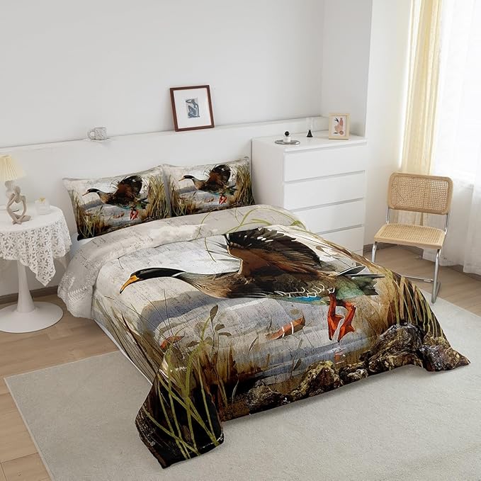 Mallard Duck Bedding Set Boys Girls Wild Duck Hunting Comforter Set for Kids Women Men Soft Lodge Cabin Farmhouse Comforter Quilt Room Decor Queen Size Duvet Set Boys