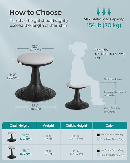 SONGMICS Kids Wobble Chair, Wiggle Stool for Kids Ages 5-8, Comfortable 60D Foam Seat, Breathable Fabric, Anti-Slip Base, 14.2-Inch High, Tool-Free Assembly, Ink Black and Dove Gray UOSC009B01