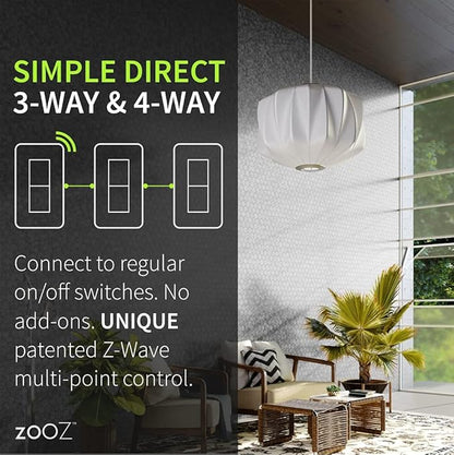 Zooz 800 Series Z-Wave Long Range S2 On Off Switch ZEN76 800LR, White | Simple Direct 3-Way and 4-Way Solution (Works with Regular Switches, No Aux Switch Needed) | Z-Wave Hub Required