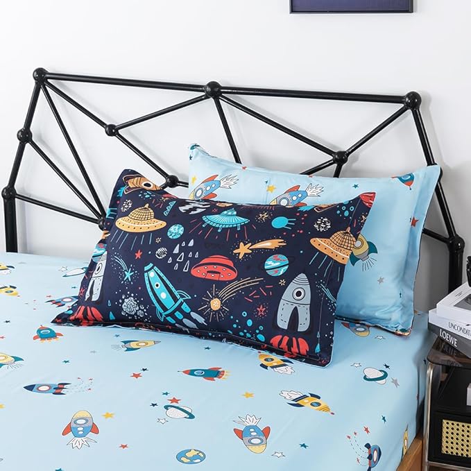 ADASMILE A & S Kids Space Comforter Set 6 Pieces Space Bedding Twin Size for Boys Space Ship Rocket Bedding Galaxy Bed in a Bag Comforter Twin Outer Space Bed Set with Blue Space Sheets Home Decor