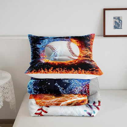 Erosebridal Baseball Comforter Set King Size Sports Theme Bedding Kids Teens Boys Fire and Ice Sports Baseball Quilted Duvet Decoration 3 Pcs Bedding Comforters Red Blue with 2 Pillowcases