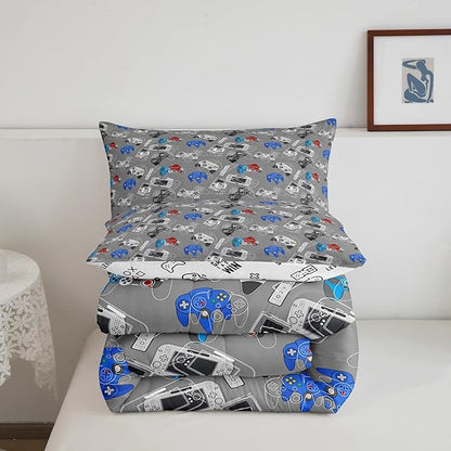 Gaming Bedding Comforters Gamer Comforter Set for Boys Kids Cartoon Gamepad Bedding Duvet Video Games Controller Home Decoration for All Season,1 Comforter Set + 2 Pillowcases, Full Size (Grey, White)
