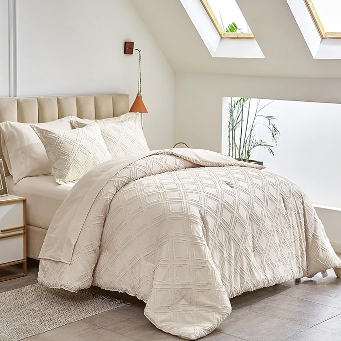 6 Pieces Tufted Bed in a Bag Twin Comforter Set with Sheets Beige, Soft and Embroidery Shabby Chic Boho Bohemian Design, Luxury Solid Color with Diamond Pattern, Jacquard Tufts Bedding Set for Kids
