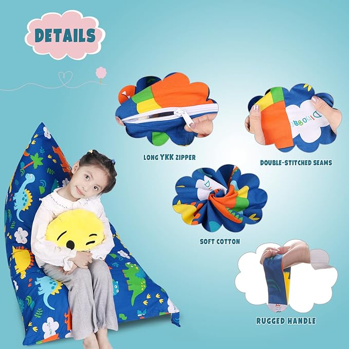 Stuffed Animal Storage Bean Bag Chair Cover, Cotton Blue Dinosaur Plush Toy Storage Stuff and Sit Seat for Kids/Teens/Adults, 52" x 31" Extra Large Triangle Floor Sofa, 200L/52Gal, Cover Only