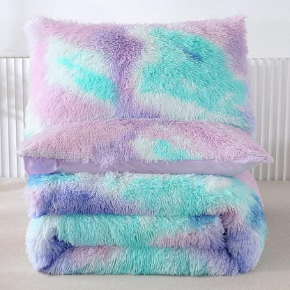 WINLIFE Shaggy Bedding Comforter Set Faux Fur Flannel Furry Comforter Microfiber Plush Comforter Sets Pastel Gradient Ombre Tie Dye MultiColor Bedding for Girls Adults (3Pcs, Full, Teal Purple)