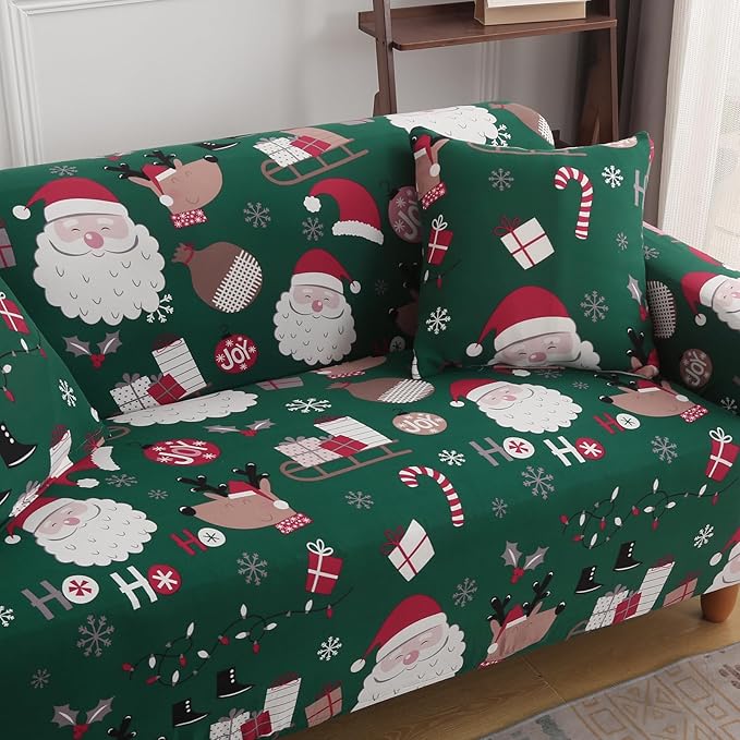 Mybedsoul Christmas Sofa Cover Santa Claus Printed Sofa Couch Cover Washable Furniture Protector with Elastic Bottom Xmas Home Room Festival Decoration(2 Seater/Loveseat)