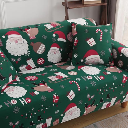 Mybedsoul Christmas Sofa Cover Santa Claus Printed Sofa Couch Cover Washable Furniture Protector with Elastic Bottom Xmas Home Room Festival Decoration(2 Seater/Loveseat)