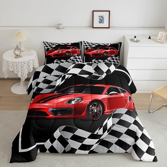 Red Race Car Comforter Set King Size,Black White Plaid Dynamic Bedding Set 3pcs for Kids Children Boys Teens Room Decor,Extreme Sport Racing Quilt Set,Soft Stylish Duvet Insert with 2 Pillowcases