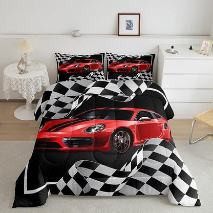 Red Race Car Comforter Set King Size,Black White Plaid Dynamic Bedding Set 3pcs for Kids Children Boys Teens Room Decor,Extreme Sport Racing Quilt Set,Soft Stylish Duvet Insert with 2 Pillowcases