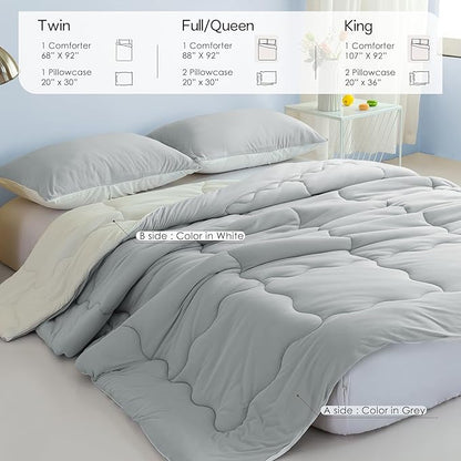 COTTEBED Reversible Queen Bed Comforter Set - Jersey Knit T-Shirt Feel Full Size Bedding 1 Down Blanket Quilt & 2 Pillow Sham - Ultra-Soft Fluffy Lightweight Cozy All Season Use (Light Gray and White)
