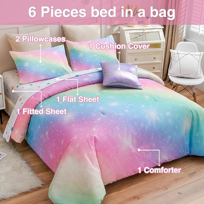 A Nice Night 6Pcs Gradient Glitter Bedding Set for Girls Twin Size, Colorful Rainbow Galaxy Comforter Set, Ultra Soft Bedding Sets, Pink