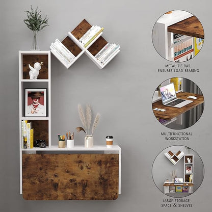 Folding Wall Mounted Drop Leaf Table, Foldable Desk with Moveable Cabinets, Floating Laptop with Convertible Storage Shelves, Multifunctional Computer Workstation in Home for Space Saving