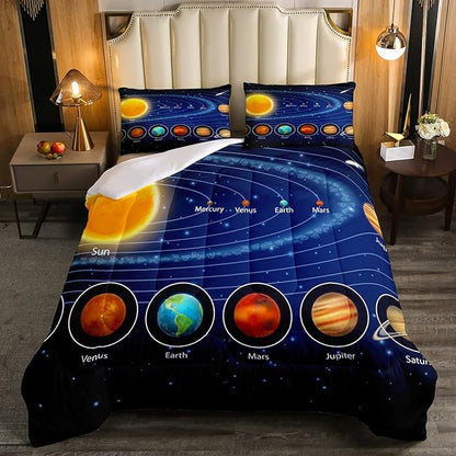 Solar System Comforter Set Queen Galaxy Bedding Set Outer Space Down Comforter Kids Boys Girls Starry Sky Universe Planets Duvet Set Room Decor Super Soft Astronomy Quilt Duvet Insert, Blue