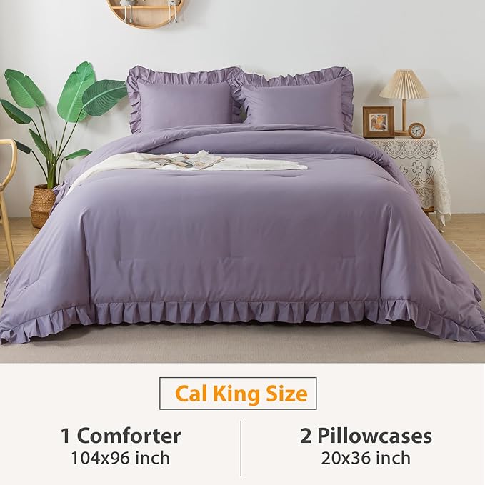 Andency California King Comforter Sets Grayish Purple (104x96Inch), 3 Pieces Cal King Ruffle Comforter, Oversized Farmhouse Shabby Chic Bed Comforter, Lightweight Soft Microfiber Bedding Set