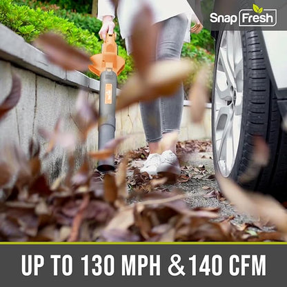 SnapFresh Cordless Leaf Blower - 20V Electric Leaf Blower with 2.0 Ah Battery and Charger - Lightweight 2-Speed Leaf Blower for Lawn Care and Yard/Garden/Patio Cleaning (Orange)