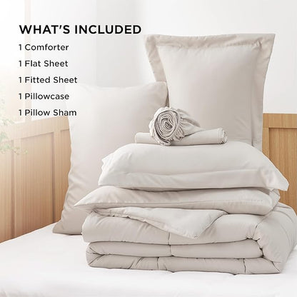 Bedsure Beige Twin Comforter Set - 5 Pieces Solid Twin Bed in a Bag, Twin Bed Set Beige with Quilted Warm Fluffy Comforters, Sheets, Pillowcase & Sham