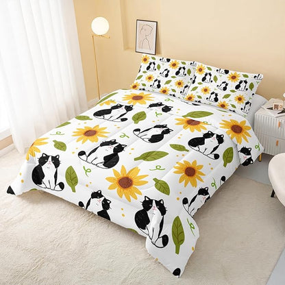 Kawaii Cat Comforter Twin Size,Sunflower Cat Comforter Set for Kids Teens Girls Boys,3Pcs Bedding Set Printed Comforter with 2 Pillowcases,Down Alternative,Soft and Lightweight，Twin Size