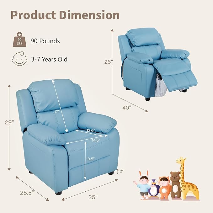 JC Home MACARON Kids Chair Leather Recliner Sofa Toddler Youth Children Child Ages 3-7, Small, Babyblue