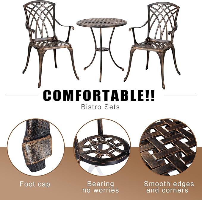 Bistro Set 3 Piece Rustproof Cast Aluminum Patio Furniture Sets Round Table with Umbrella Hole for Outdoor, Patio, Balcony, Bronze