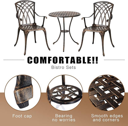 Bistro Set 3 Piece Rustproof Cast Aluminum Patio Furniture Sets Round Table with Umbrella Hole for Outdoor, Patio, Balcony, Bronze