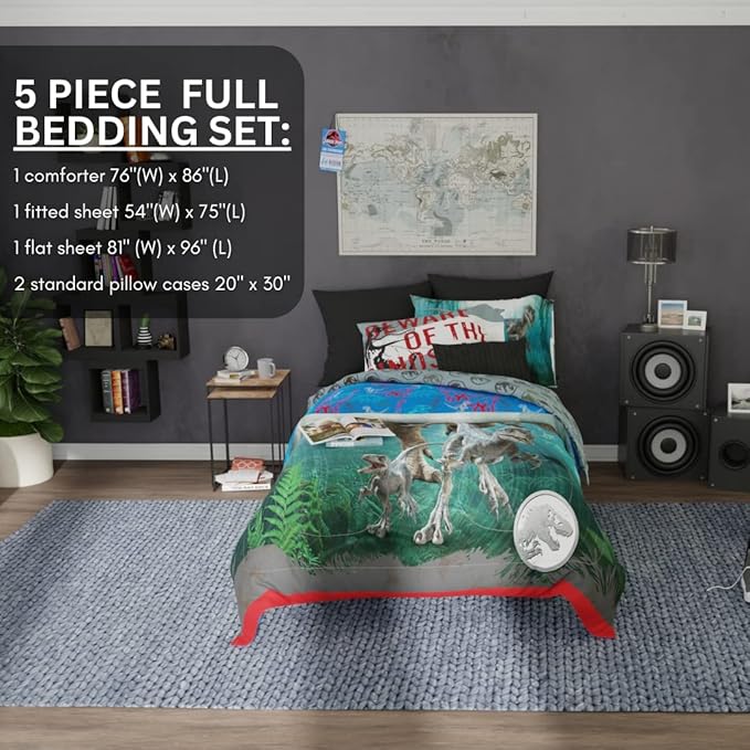Franco Kids Bedding Super Soft Comforter and Sheet Set, 5 Piece Full Size, Jurassic World Dominion